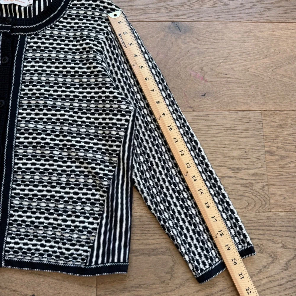 Tory Burch Black White Mixed‎ Pattern Knit Cardigan Sweater XL Cotton Blend Logo